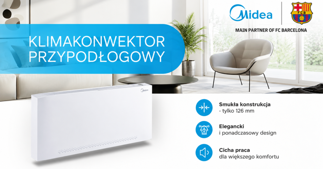 Klimakonwektor przypodłogowy Midea Slim - parametry techniczne i integracja z automatyką www: zymetric.pl